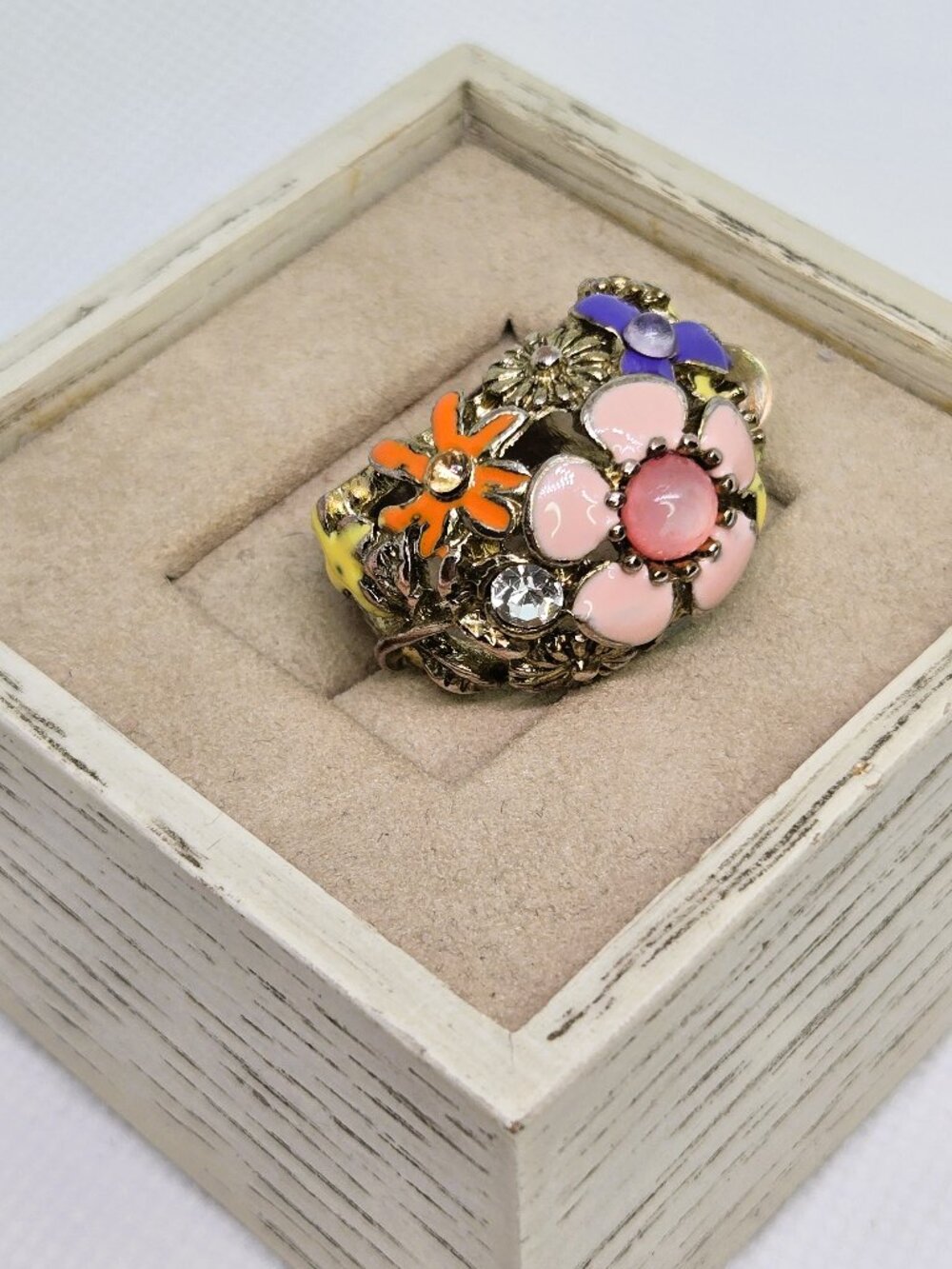 Unsigned Multicolor Enamel Floral Statement Ring